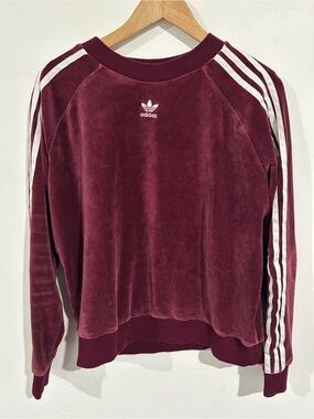 Adidas Women's Burgundy Velour Crewneck with White Three-Stripes